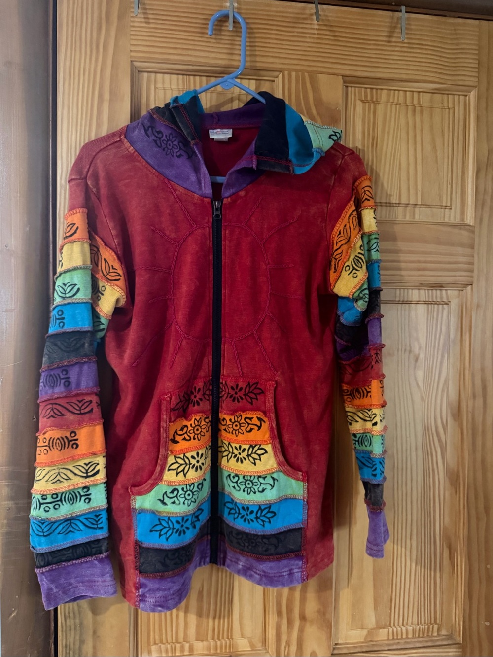 Red Zip-Front Utility Jacket with Multi-Color Patch Sleeves - Picture 2 of 2